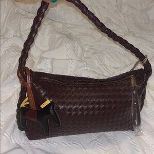Elegant Brown Braided  hand woven style Women's  shoulder Bag with bag charm